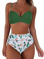 Tropical Vibe High Waist Bikini Set – Flirty V-Neck Swimsuit with Layered Colorblock High Cut Bottom Crisscross Strap Detail & Ultra-Stretch Comfort – Women's Two Piece Swimwear for Summer Beach Pool & Vacation Fun Stevvex