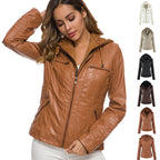 Fashion Detachable Hooded Jacket With Pockets Casual Solid Color Zipper Long Sleeve Leather Coat Autumn Winter Women's Clothing Pi-Mart