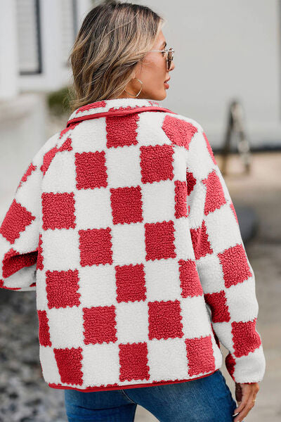 Elegant Checkered Snap Down Long Sleeve Teddy Jacket Soft & Warm Colorful Jacket Stevvex