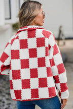 Elegant Checkered Snap Down Long Sleeve Teddy Jacket Soft & Warm Colorful Jacket Stevvex