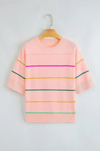 White Striped Half Sleeve Drop Shoulder Sweater