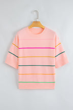 White Striped Half Sleeve Drop Shoulder Sweater - Femstylo