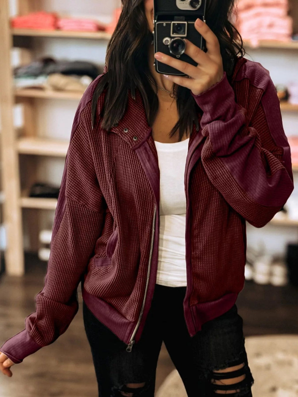 Waffle Zip Up Hooded Jacket with Pockets THRIXINE