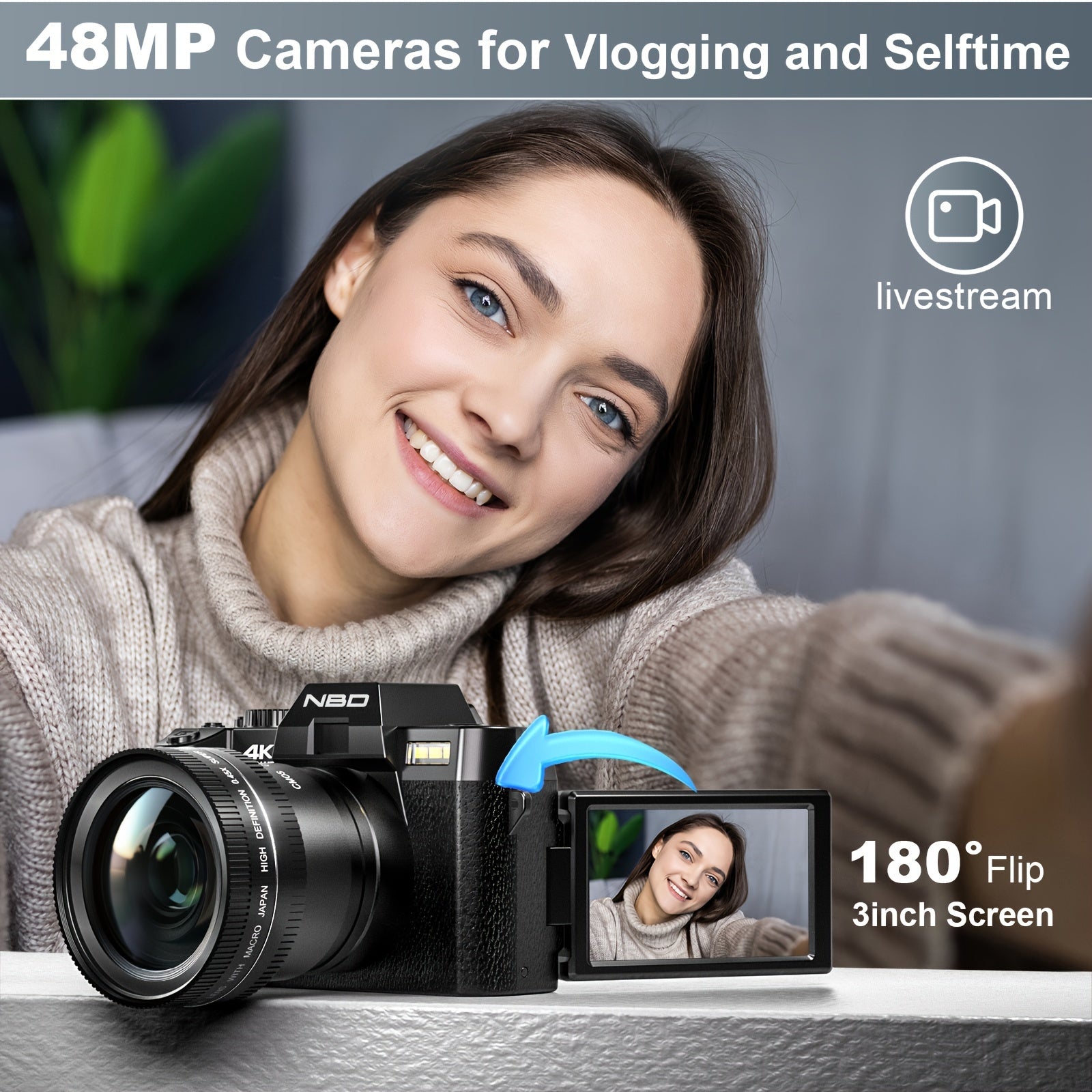 NBD S100 Pro 4K Digital Cameras For Photography, 48MP/60FPS Video Camera For Vlogging, WiFi & App Control Vlogging Camera, Small Camera With 32GB TF Card.Wide-Angle & Macro Lens Lootquake LLC