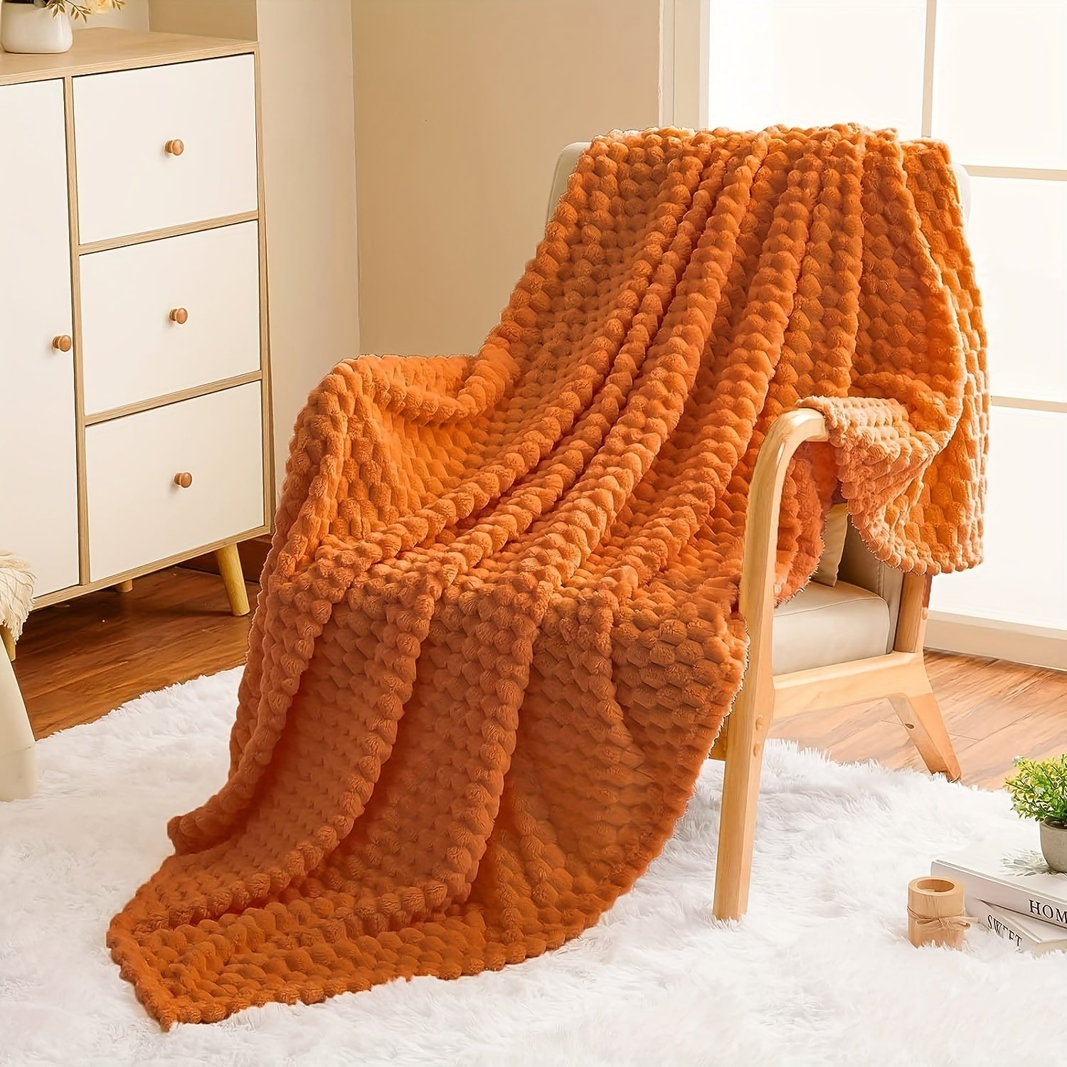 1pc Super Soft 3D Jacquard Flannel Blanket - Burnt Orange Fuzzy Throw with Cozy Lightweight Design for All-Season Home Decor, Perfect for Couch, Sofa, Bed, Chair - 300GSM Warm and Fuzzy Texture for Ultimate Comfort Lootquake LLC