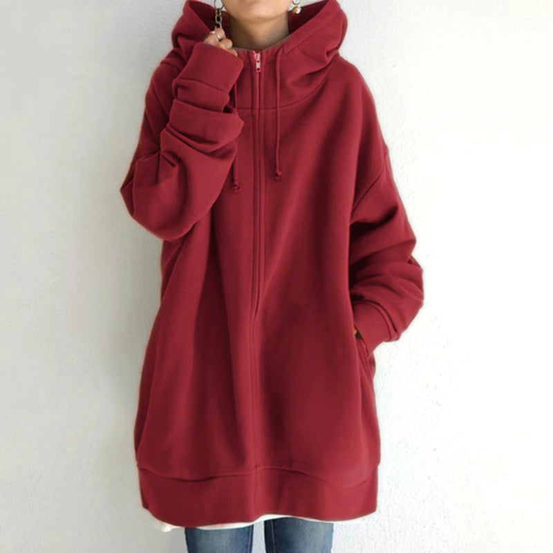 Zipper Hooded Long Plus Fleece Sweatshirt Pi-Mart