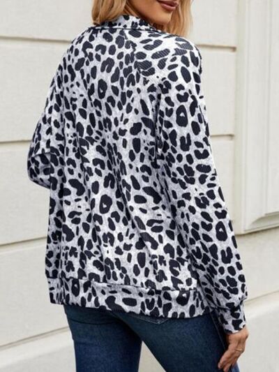 Modern Full Size Leopard Black White Collared Neck Zip Up Jacket  Stylish & Comfortable Everyday Wear