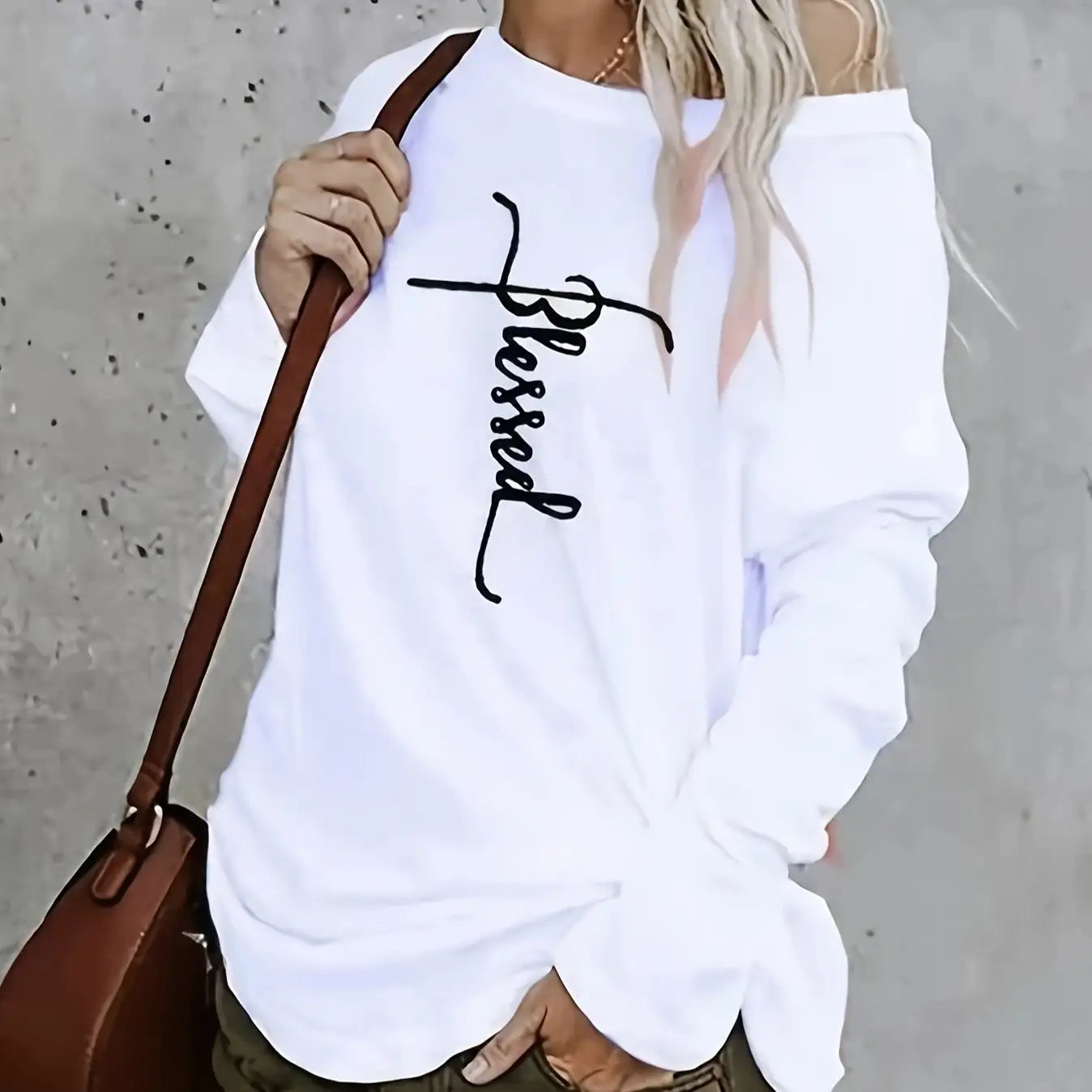 Ladies Off Shoulder Autumn Winter Letter Printed Casual White Long Sleeved T-shirt Top - SJB-DIAMOND ELITES