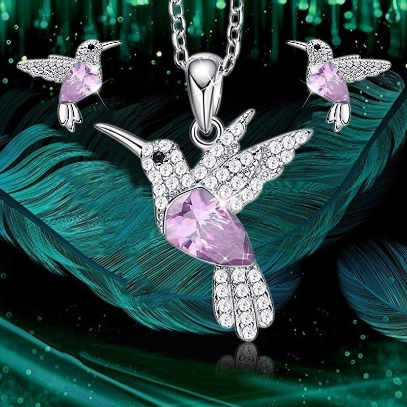 Hummingbird Jewelry Set Silver Plated Chain Necklace Stud Pi-Mart