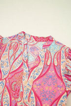 Rose Ethnic Paisley Print Ruffle Sleeve Notch Neck Midi Dress