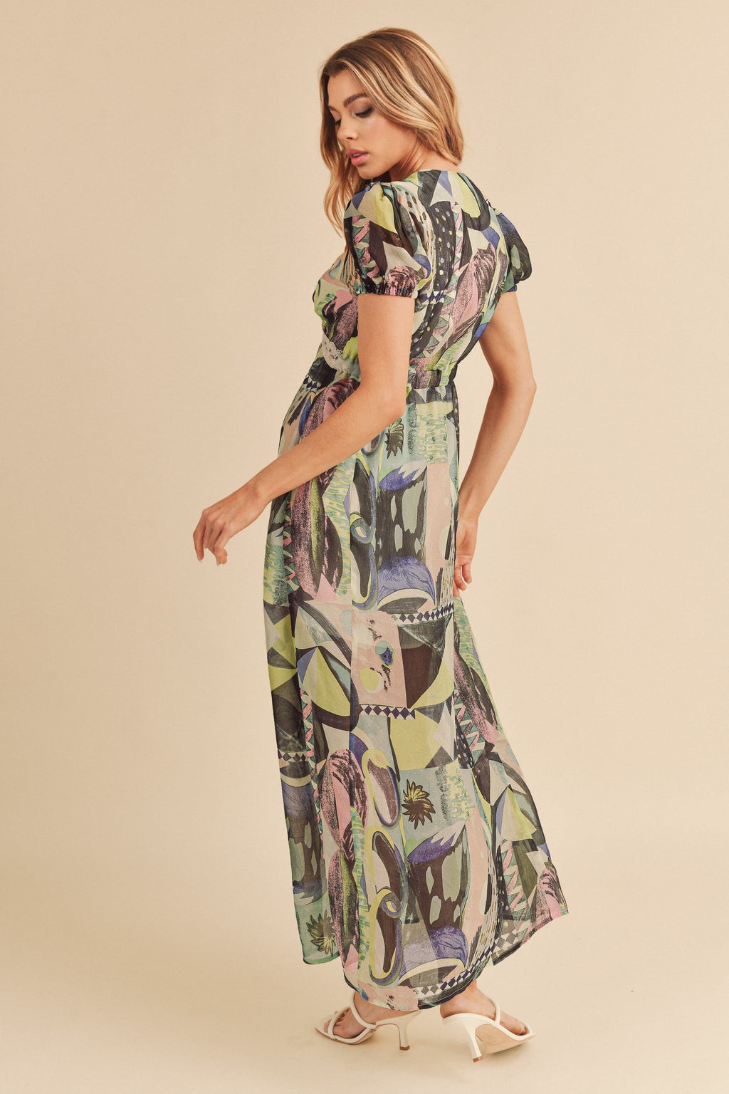Lace Detail Slit Geometric Print Short Sleeve Maxi Comfortable Dress For Women, Elegant Lace, Alluring Slit, Sophisticated Geometric Print for Casual & Dressy Occasions Stevvex