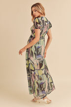 Lace Detail Slit Geometric Print Short Sleeve Maxi Comfortable Dress For Women, Elegant Lace, Alluring Slit, Sophisticated Geometric Print for Casual & Dressy Occasions Stevvex