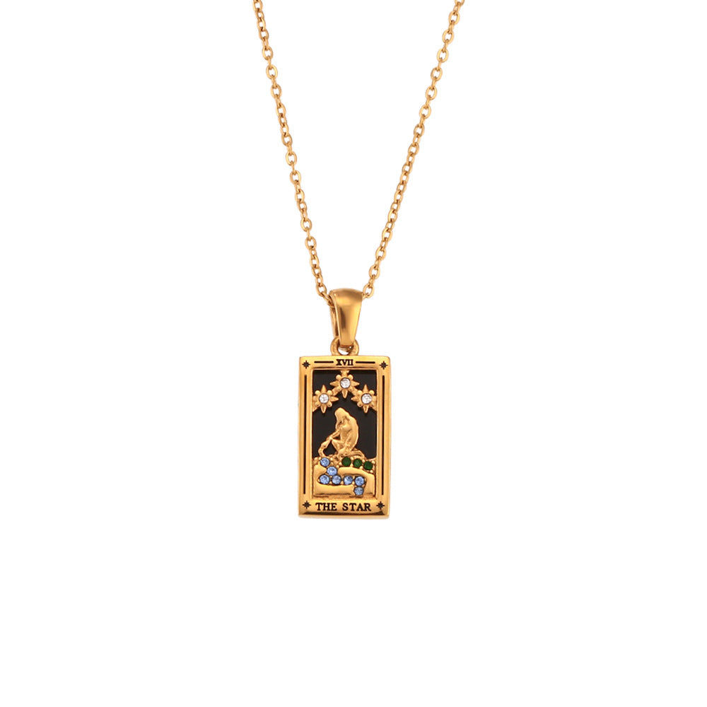 Fashion Tarot Necklace With Rhinestones Diamond Set Pendant Stainless Steel Rectangular Drip Necklace Jewelry Pi-Mart