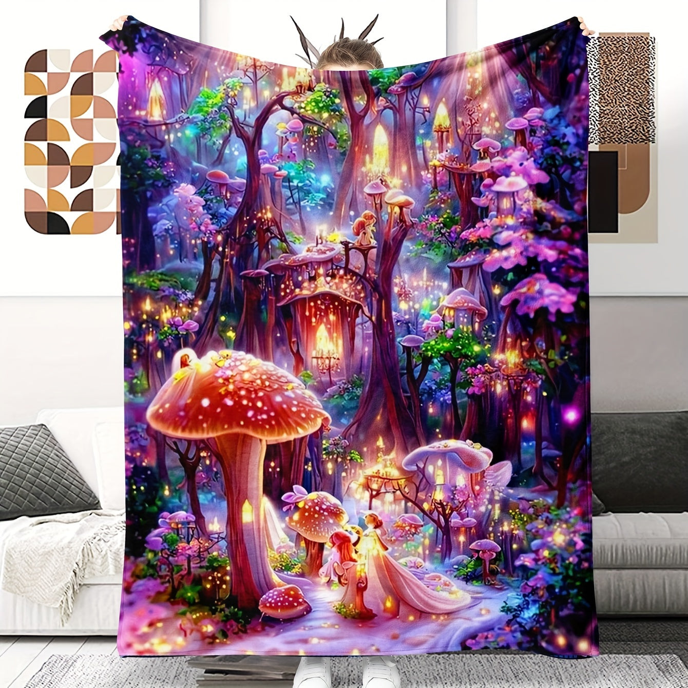 Whimsical Fantasy Mushroom Castle Throw Blanket - Soft, Reversible, and Vibrant Polyester Knit Bedding with Unique Embellishments, All-Season Multipurpose Design, and Flower Patterned Reverse Side Lootquake LLC