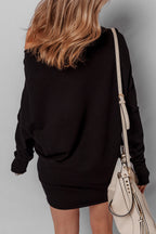 Black Asymmetric Neck Batwing Sleeve Shift Mini Sweater Dress