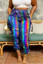 Women's Plus Size Jeans Blue Metallic Coating Jogging Denim Trousers High Street Pockets Casual Asymmetric Jeans Autumn 2024 Purplish Diva