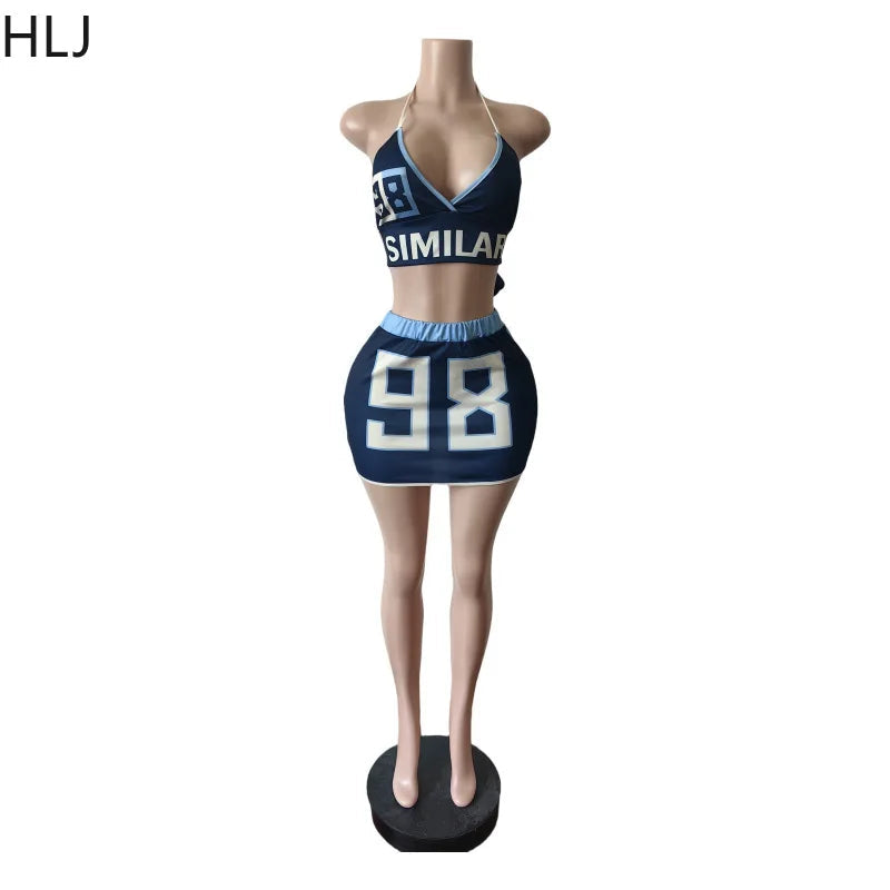 HLJ Blue Sexy Y2K Letter Printing Mini Skirts Two Piece Sets Women Halter V Neck Bangage Slim Crop Top And Skirts Outfits 2025 Purplish Diva