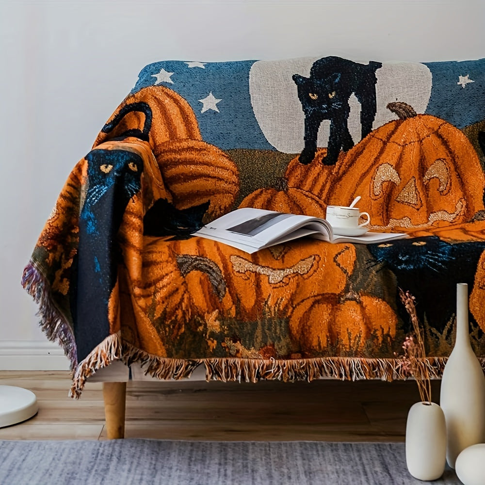 1pc Halloween Blanket Sofa Blanket Fringe Throw Blanket 100% Cotton Lightweight For Chair Sofa Couch Bed Cover Fit Home Cozy Knit Blankets Lootquake LLC