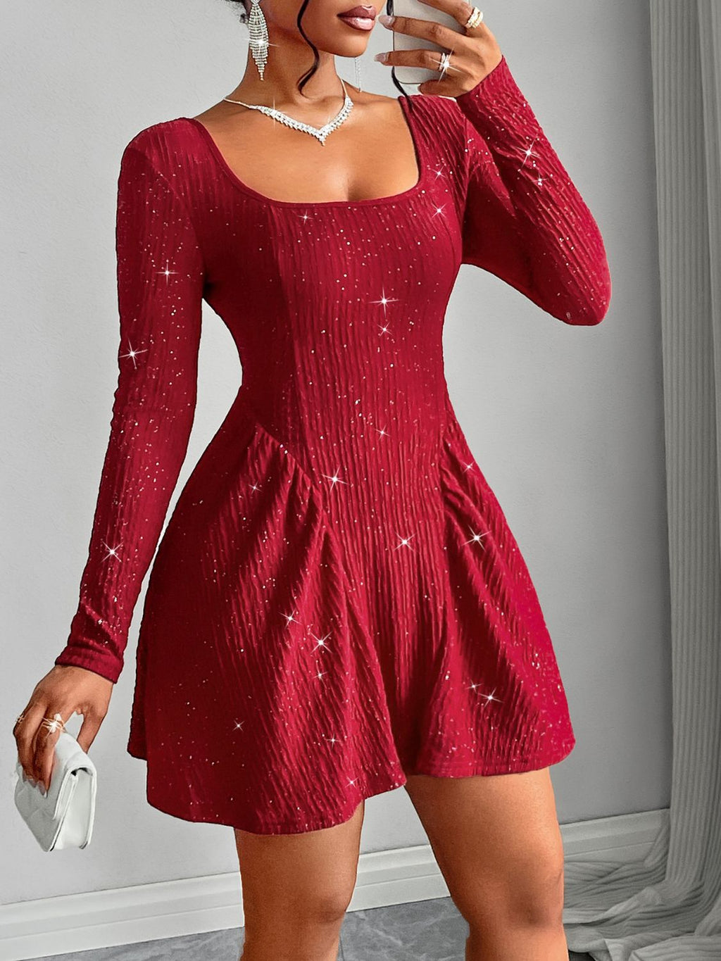 Luxury Glamorous Backless Glitter Dress Mini Dress Square Neck Long Sleeve Deep Red Dress Stevvex