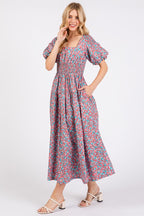 New Summer Smocked Floral Square Neck Puff Sleeve Midi Dress – Vintage-Inspired, Feminine, Trendy, Romantic, and Flattering Fit