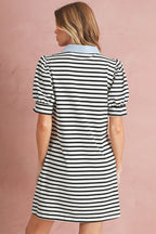 Black Stripe Collared Puff Sleeve Pocketed Mini Dress