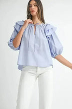 MABLE Stripe Ruffle Shoulder Puff Sleeve Blouse | Femstylo