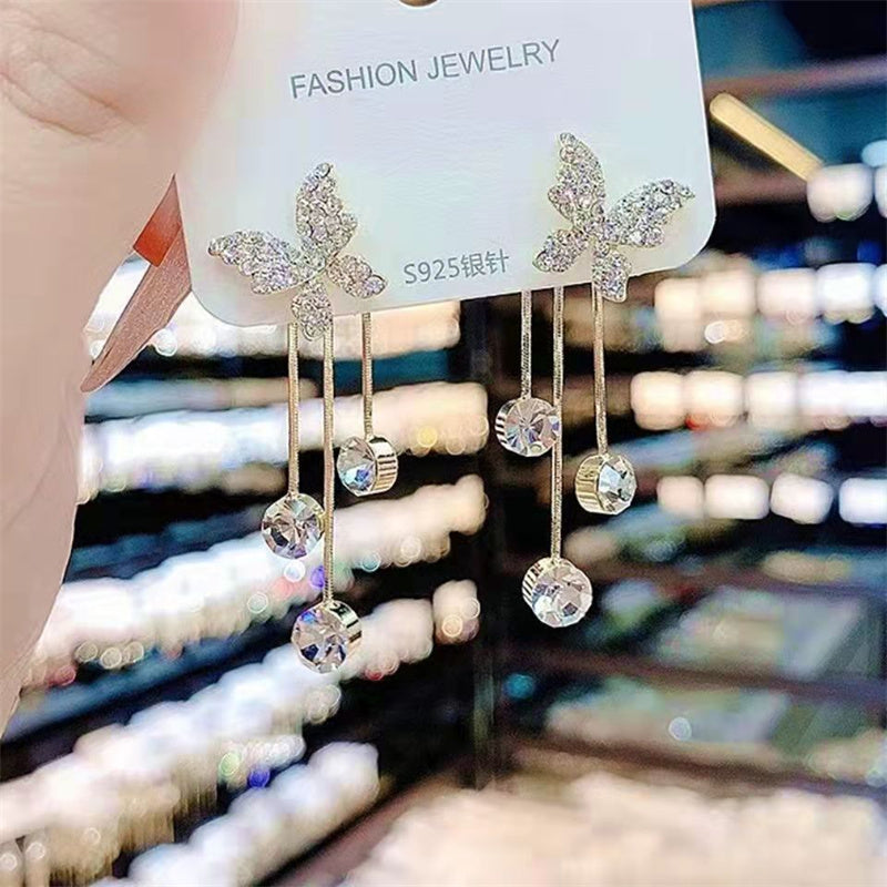 Fashion Jewelry Shiny Butterfly Rhinestone Drop Dangle Earrings Women Elegant Long Pearl Tassel Chain Pendant Party Jewelry Pi-Mart