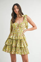 Floral Print Shoulder Tie Layered Mini Dress For Women – Fresh Floral Design, Fluttering Adjustable Shoulder Tie, Layered Mini Dress, Trendy Summer Outfit