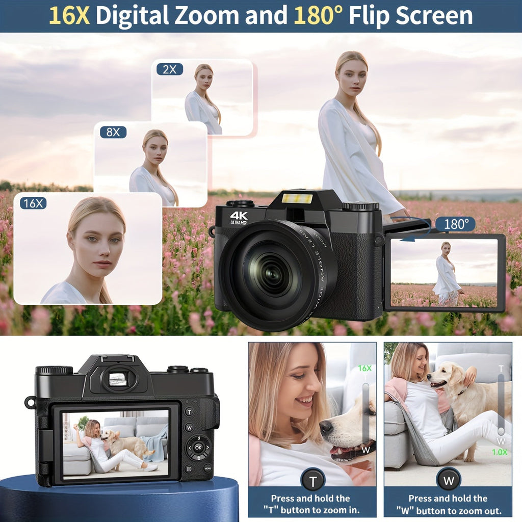 4K Digital Camera for Photography Auto-Focus 56MP Vlogging Camera, Support 16X Digital Zoom 3 Inch 180° Flip Screen, Comes with 52mm Wide Angle & Macro Lens and 32G Memory Card a 1500mAH Battery Lootquake LLC