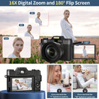 4K Digital Camera for Photography Auto-Focus 56MP Vlogging Camera, Support 16X Digital Zoom 3 Inch 180° Flip Screen, Comes with 52mm Wide Angle & Macro Lens and 32G Memory Card a 1500mAH Battery Lootquake LLC