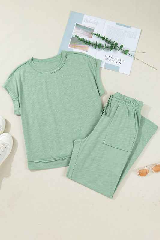 Solid Short Sleeve Tee and Drawstring Pants Set THRIXINE