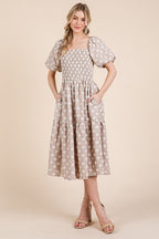 New Floral Embroidered Smocked Puff Sleeve Tiered Midi Dress For Women Elegant,Charming and Feminine Floral Embroidered Midi Dress with Puff Sleeves and Tiered Design