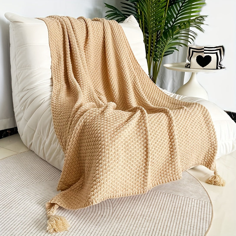Cozy All-Season Knit Throw Blanket with Tassels - Boho-Chic Geometric Pattern in Natural Wood Color - Versatile for Sofa, Office, Bed, and Travel Lootquake LLC