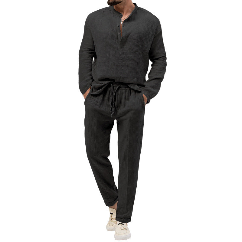 Men's Solid Color Casual Long Sleeve Shirt And Trousers Suit Lootquake LLC