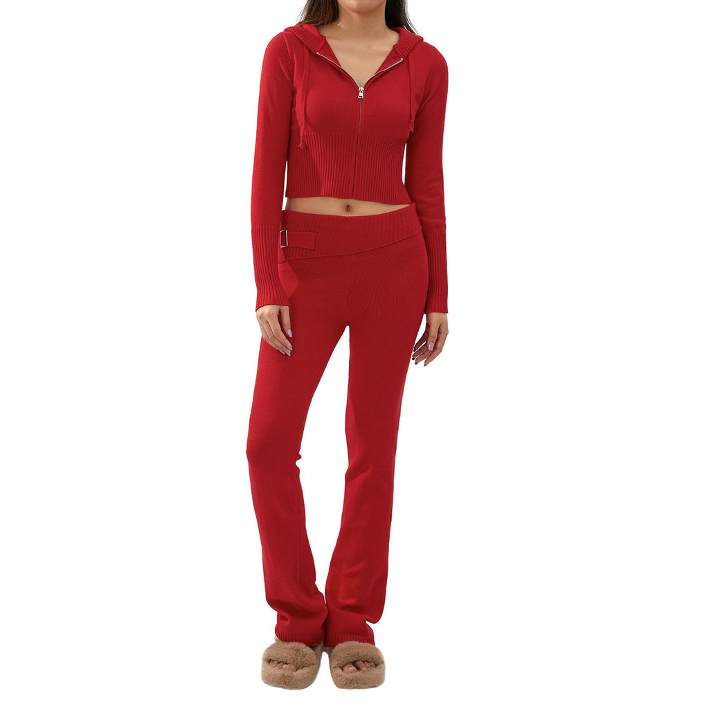 2pcs Knitted Hooded Suits Women's Long-sleeved Cardigan And High Waisted Trousers Clothing Pi-Mart