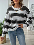 Striped Round Neck Long Sleeve Sweater - SJB-DIAMOND ELITES