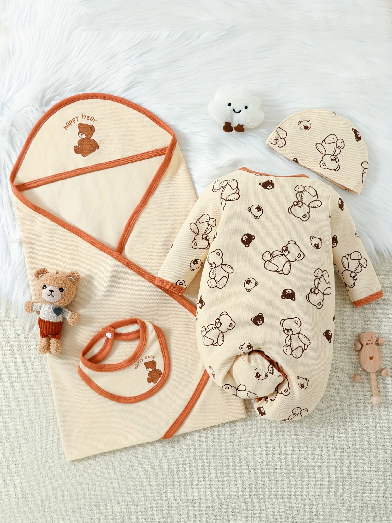 Baby Girl Romper Cute Bear Print Outfits, One-piece Romper + Hat + Baby Bib + Baby Blanket Four-piece Indoor And Outdoor Set Lootquake LLC