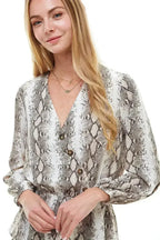 Snake V neck Button Front Peplum Long Sleeve Blouse Top | Femstylo - SJB-DIAMOND ELITES