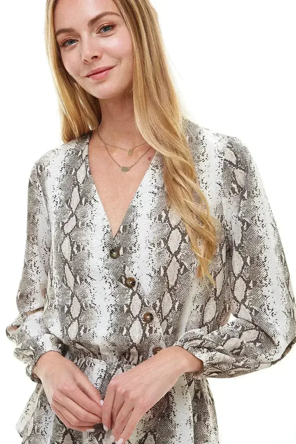 Snake V neck Button Front Peplum Long Sleeve Blouse Top | Femstylo - SJB-DIAMOND ELITES
