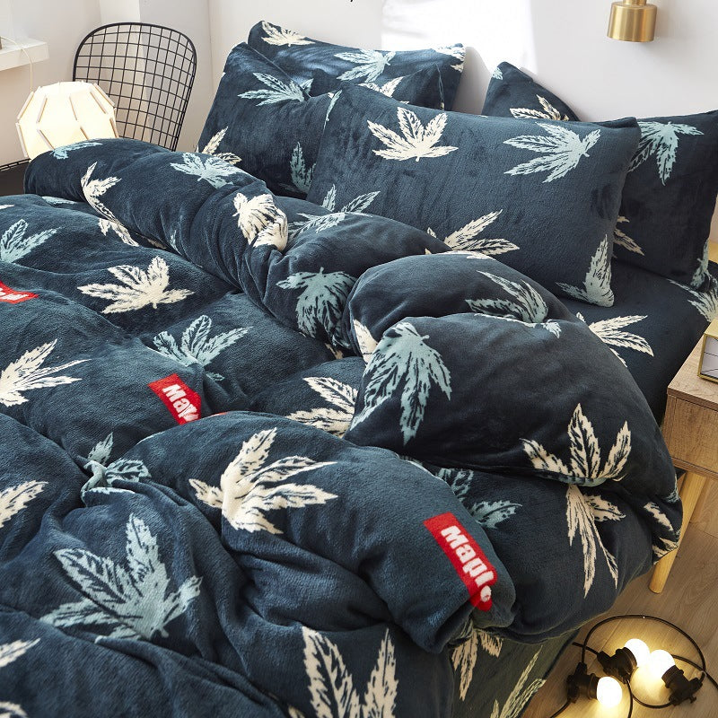 Flannel Bed Sheet Cover, Quilt Cover, Pillowcase And Bedding Set Of 4 Pi-Mart