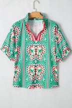 Sea Green Boho Geometric Print Color Neckline Blouse | Femstylo