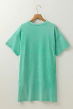 Sky Blue Mineral Wash Flower Patchwork Mini T Shirt Dress