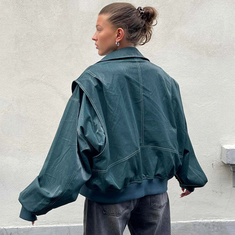 Loose Fashion Lapel Zip-up Jacket Cool Long Sleeve Zipper Closure Moto Biker Leather Jacket Womens Clothing Pi-Mart