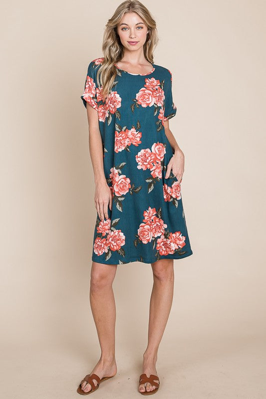 New Summer Floral Round Neck Short Tee Dress with Pockets For Women – Casual and Comfortable Floral Tee Dress with Pockets for Everyday Wear Stevvex