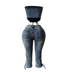 Fashion Sexy Lace-up Crop Jean Tube Top Women's Club Party Elastic Skinny Cropped Jeans Streetwear Two Piece Sets Purplish Diva