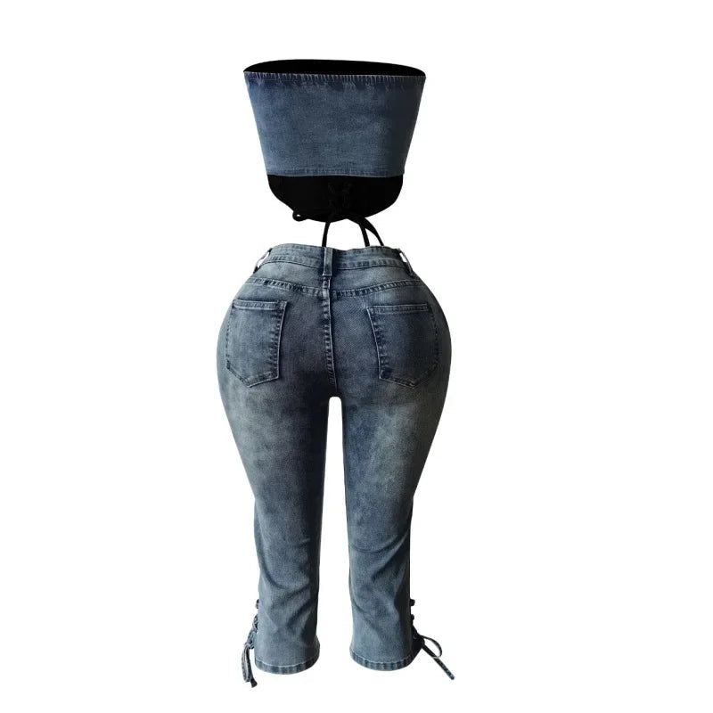 Fashion Sexy Lace-up Crop Jean Tube Top Women's Club Party Elastic Skinny Cropped Jeans Streetwear Two Piece Sets Purplish Diva