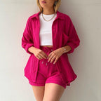 Spring Champray Lapel Long Sleeve Shirt High Waist Drawstring Shorts Plus Size Fashion Casual Set Pi-Mart