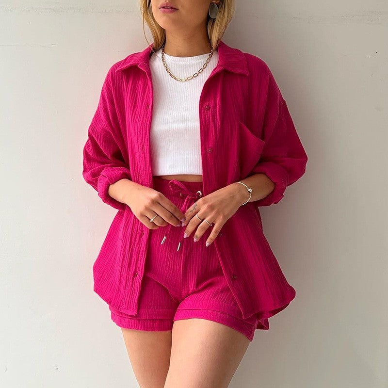 Spring Champray Lapel Long Sleeve Shirt High Waist Drawstring Shorts Plus Size Fashion Casual Set Pi-Mart