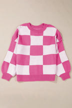 Dark Brown Plaid Bishop Sleeve Pullover Sweater