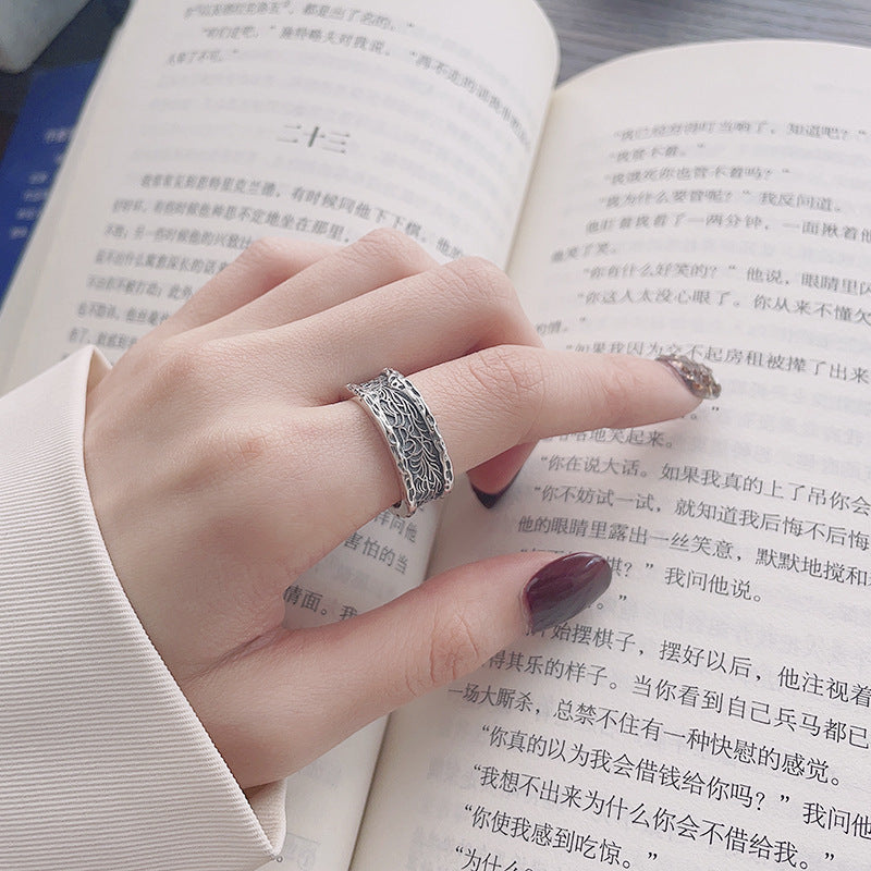 Sterling Silver Irregular Tang Grass Pattern Wide Ring